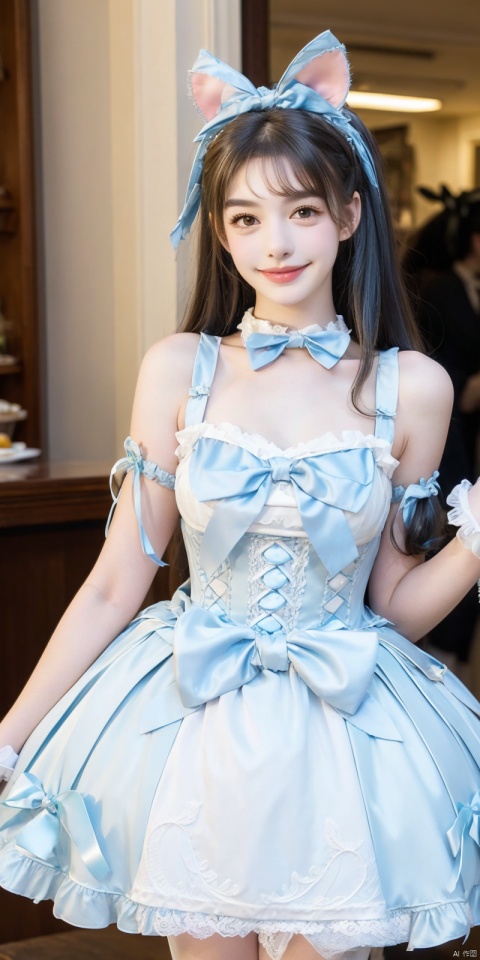  (Good structure), DSLR Quality,Depth of field,kind smile,looking_at_viewer,Dynamic pose, ,(wariza),,Girl, bare shoulders, blue hair, boobs, bow tie, brown eyes, cat ears, collar, ((Lolita Dress: 1.4)) , blue and white Lolita dress, wrinkled leg outfit, hand-held, lips, nose, shoulders, , alone, long_hair, kind smile, looking at the audience, white leg costume, wrist cuffs, 1girl,,looking_at_viewer, , lolidress, ,,    anni