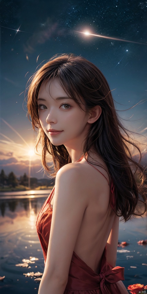  (Good structure), DSLR Quality,Depth of field ,looking_at_viewer,Dynamic pose, , kind smile,1girl ,
8k resolution, Masterpiece quality, High detail. from below,
Fantasy theme, cropped. {(1 girl:1.5),(close to viewer:1.8), ((looking at viewer:2), beautiful face, ), ((worm's eye shot:1.2)),perspective distortion}, (Panoramic view, fisheye lens effect:1.1). 
{(Strong backlighting, underexposure:1.4), (blocked shadows:0.8), depth of field(at 100mm focal length:1.2)}, (horizon:0.7), low key earth.
the starry sky feathering into the background, creating a sense of depth and gradient. Incorporating Droste Effect(an endless repetition and reflection:1.2). 
Surrounded by fluttering rose petals, reflected or casting dramatic shadows and highlights, {(meteor shower, planets:1.1), (Vermilion Comet:1.3)}. mesmerizing effect, a dreamlike ambiance of infinity. A vortex of rose petals, a starry sky vortex, , as, vortex, tyjf, , , linzhiling, 1girl