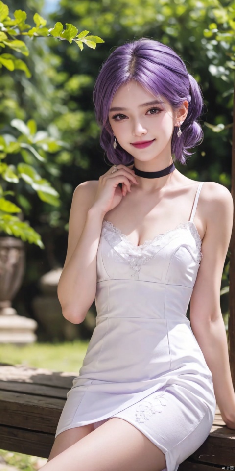  best quality, masterpiece, cowboy_shot,(Good structure), DSLR Quality,Depth of field,kind smile,looking_at_viewer,Dynamic pose, 
1girl, solo, long hair, breasts, looking at viewer, bangs,   hair ornament, dress, ribbon,  , bare shoulders, twintails, jewelry, medium breasts, sitting, very long hair, purple eyes, collarbone, hair ribbon, purple hair, flower, thighs, earrings, outdoors, parted lips, sleeveless, choker, hand up, hair flower, water,  white dress, bare arms, petals,  , sleeveless dress, black choker, short dress, frilled dress, white flower, purple ribbon, spaghetti strap,
,jiuhuangnv,white_hair,short_hair