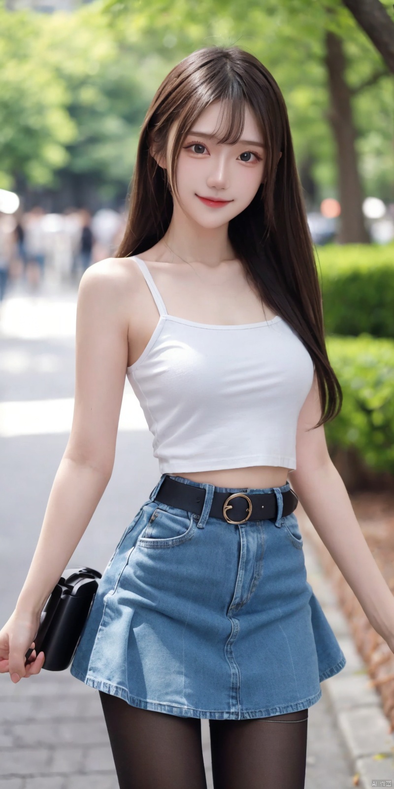  best quality, masterpiece, cowboy_shot,(Good structure), DSLR Quality,Depth of field,kind smile,looking_at_viewer,Dynamic pose,
 1girl, 3d, bare_shoulders, belt, blurry, blurry_background, blurry_foreground, branch, , , , collarbone, cosplay_photo, denim, denim_skirt, depth_of_field, , lips, long_hair, looking_at_viewer, midriff, miniskirt, motion_blur, navel, outdoors, photo_\(medium\), realistic, skirt, solo, standing, tree, , , , blackpantyhose, , , , , futuaner