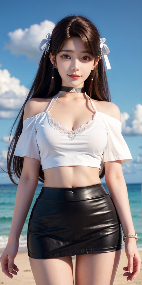 cowboy_shot,(Good structure), DSLR Quality,Short skirt,Blue sky, white clouds, ocean,Surfboard, waves,nai3, 1girl, solo, crop top, , choker, navel, shirt, midriff, crop top overhang, looking at viewer, white shirt, jewelry, breasts, bare shoulders, off-shoulder shirt, off shoulder, black choker, thighs, stomach, long hair, bracelet, short sleeves, ribbon, hand up, collarbone, hair ribbon, medium breasts, , bra strap, , hair ornament, thigh gap, necklace, expressionless, , ,kind smile, ,, huolinger