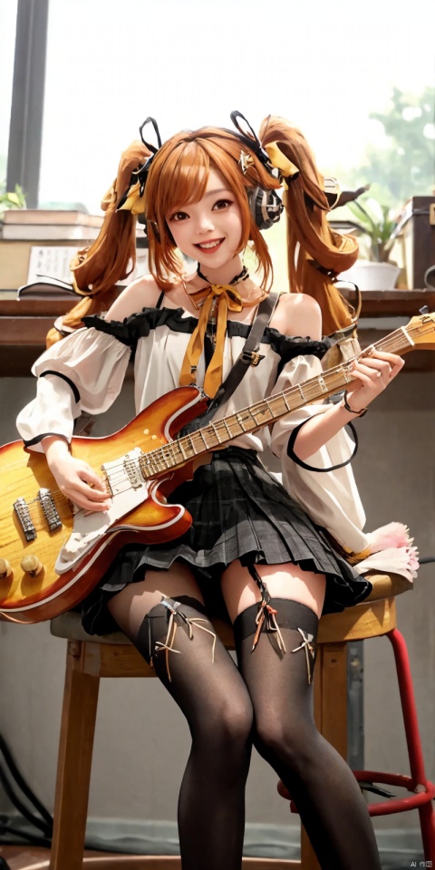 (Good structure),cowboy_shot,solo, 1girl, long hair, ,, thighhighs, very long hair, 
(masterpiece), (best quality), illustration, ultra detailed, hdr, Depth of field, (colorful), loli, 1girl, instrument, solo, long hair, very long hair, detached sleeves, sitting, neck ribbon, headphones,  ribbon, high heels, playing instrument,  guitar,holding, music, , holding instrument,  petals, open mouth, bare shoulders, hair between eyes, stool,looking at viewer,   hair ornament, nail polish,electric guitar,  smile, ((poakl)), blackpantyhose, anqila,anqila,orange hair,twintails,yelloweyes