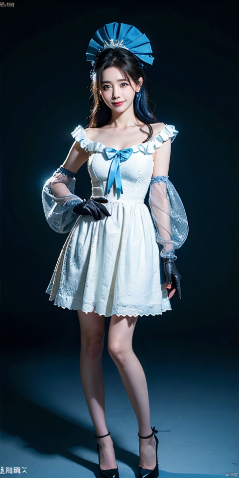  Korean,Realistic, artwork, final detail, photo Realistic, intricate detail, octane rendering, 8K, 1 girl, full body, perfect face, pretty face, nswf, reference, hair detail,, black bow, black gloves, black legs, blue eyes, blue hair, bow, collarbone, dress, sticking hair, ruffles, ruffles, gloves, gwen, headdress, high resolution, long hair, parted lips, puffed sleeves, purple eyes, smile, alone, white dress, oily skin, lianmo, ((poakl))