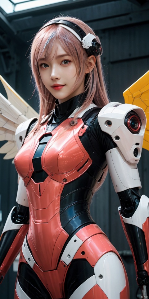 best quality, masterpiece, realistic,cowboy_shot,(Good structure), DSLR Quality,Depth of field,kind smile,looking_at_viewer,Dynamic pose, 
,,1girl, solo, long hair, breasts, looking at viewer, bangs, medium breasts, pink hair, wings, pointy ears, medium hair, lips, orange eyes, bodysuit, science fiction, mecha musume, joints, robot joints, mechanical wings,leiting, 1girl, Electroplating paint
