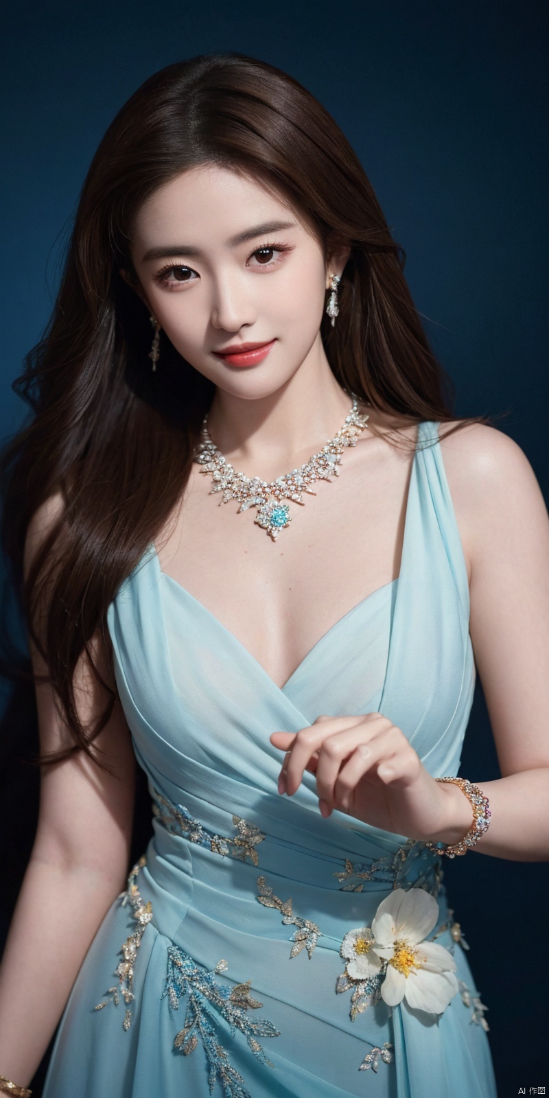  best quality, masterpiece, realistic, ,(Good structure), DSLR Quality,Depth of field,kind smile,looking_at_viewer,Dynamic pose, 

liuyifei, 1girl, jewelry, solo, dress, earrings, realistic, necklace, long hair, bracelet, brown hair, lips, blue background, flower