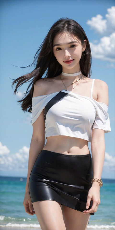  cowboy_shot,(Good structure), DSLR Quality,Short skirt,Blue sky, white clouds, ocean, nai3, 1girl, solo, crop top, , choker, navel, shirt, midriff, crop top overhang, looking at viewer, white shirt, jewelry, breasts, bare shoulders, off-shoulder shirt, off shoulder, black choker, thighs, stomach, long hair, bracelet, short sleeves, ribbon, hand up, collarbone, hair ribbon, medium breasts, , bra strap, , hair ornament, thigh gap, necklace, expressionless, , ,kind smile, , gaierjiaduo