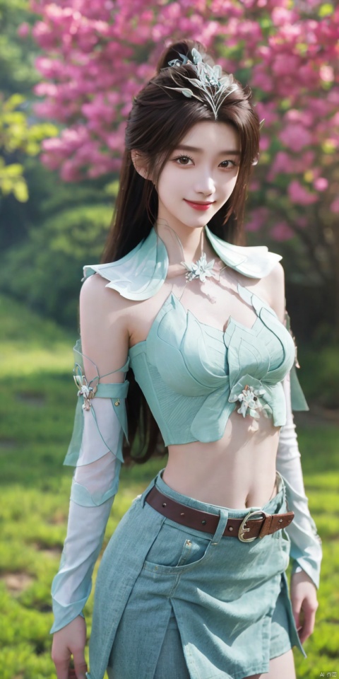  best quality, masterpiece, cowboy_shot,(Good structure), DSLR Quality,Depth of field,kind smile,looking_at_viewer,Dynamic pose,
 1girl, 3d, bare_shoulders, belt, blurry, blurry_background, blurry_foreground, branch, , , , collarbone, cosplay_photo, denim, denim_skirt, depth_of_field, , lips, long_hair, looking_at_viewer, midriff, miniskirt, motion_blur, navel, outdoors, photo_\(medium\), realistic, skirt, solo, standing, tree, , , , blackpantyhose, , , , yanruyu