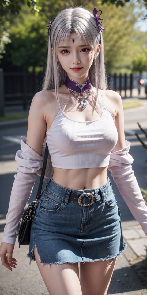  best quality, masterpiece, cowboy_shot,(Good structure), DSLR Quality,Depth of field,kind smile,looking_at_viewer,Dynamic pose,
 1girl, 3d, bare_shoulders, belt, blurry, blurry_background, blurry_foreground, branch, , , , collarbone, cosplay_photo, denim, denim_skirt, depth_of_field, , lips, long_hair, looking_at_viewer, midriff, miniskirt, motion_blur, navel, outdoors, photo_\(medium\), realistic, skirt, solo, standing, tree, , , , , , white_hair, xiaoyixian