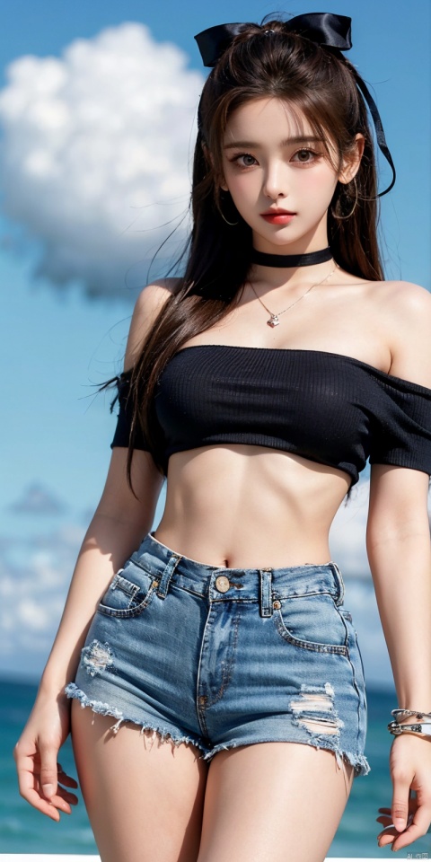  cowboy shot, Blue sky, white clouds, ocean,nai3, 1girl, shorts, solo, crop top, black shorts, choker, navel, shirt, midriff, crop top overhang, looking at viewer, white shirt, jewelry, breasts, bare shoulders, short shorts, off-shoulder shirt, off shoulder, black choker, thighs, stomach, hand on own thigh, long hair, bracelet, short sleeves, ribbon, hand up, collarbone, hair ribbon, medium breasts, standing, high-waist shorts, dolphin shorts, bra strap, , hair ornament, thigh gap, necklace, expressionless, , ,kind smile, yangchaoyue