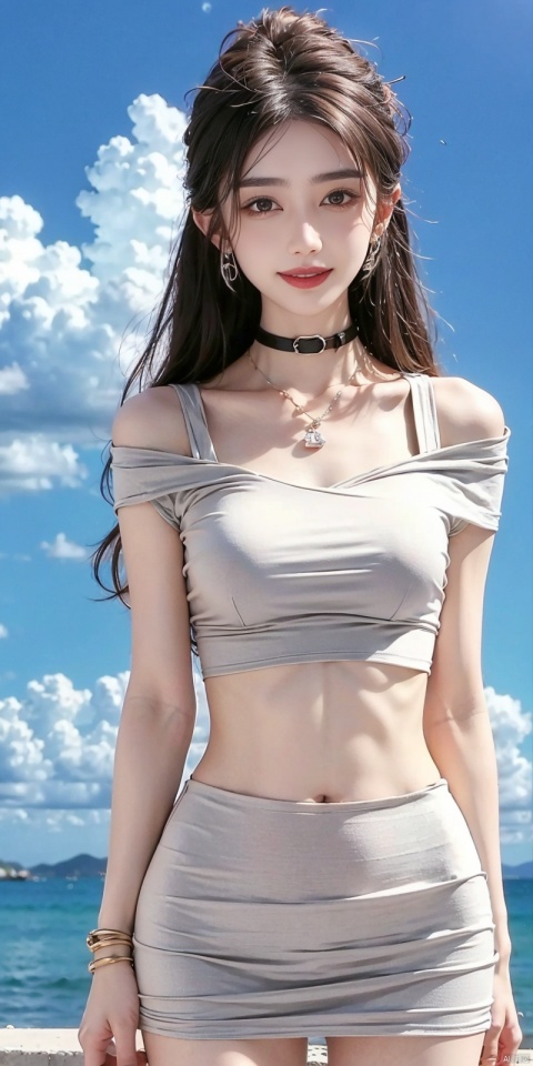  cowboy_shot,(Good structure), DSLR Quality,Short skirt,Blue sky, white clouds, ocean, nai3, 1girl, solo, crop top, , choker, navel, shirt, midriff, crop top overhang, looking at viewer, white shirt, jewelry, breasts, bare shoulders, off-shoulder shirt, off shoulder, black choker, thighs, stomach, long hair, bracelet, short sleeves, ribbon, hand up, collarbone, hair ribbon, medium breasts, , bra strap, , hair ornament, thigh gap, necklace, expressionless, , ,kind smile, , wanglin
