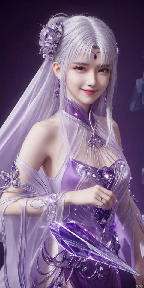  best quality, masterpiece, (Good structure),cowboy_shot, DSLR Quality,Depth of field ,looking_at_viewer,Dynamic pose, , kind smile,
1 girl,(Purple light effect),hair ornament,jewelry,looking at viewer, , dofas,(ultra-detailed crystallization),transparent crystals, , , , , ,, xiaoyixian,white hair