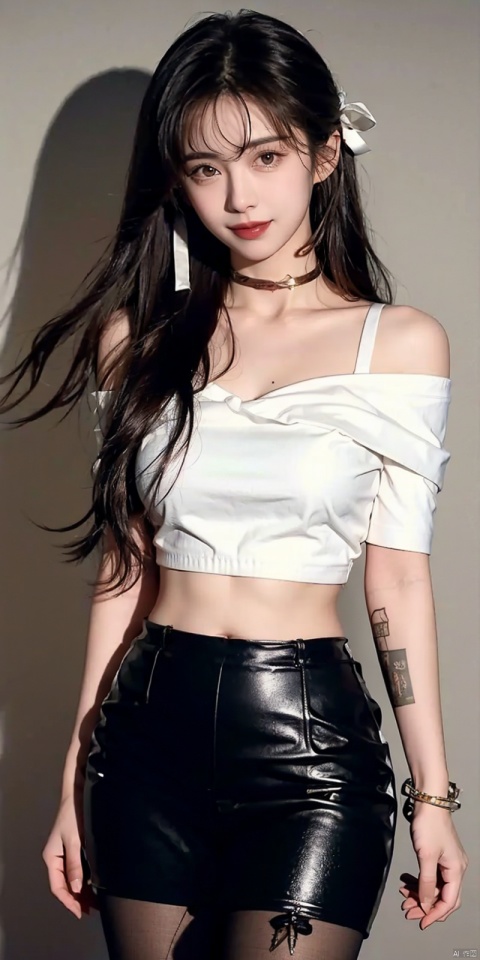  nai3, 1girl, shorts, solo, crop top, choker, pencil skirt, skirt, , navel, shirt, midriff, crop top overhang, looking at viewer, white shirt, jewelry, breasts, cowboy shot, bare shoulders, off-shoulder shirt, off shoulder, black choker, thighs, stomach, hand on own thigh, long hair, bracelet, short sleeves, ribbon, hand up, collarbone, hair ribbon, medium breasts, standing, , , bra strap, kind smile, hair ornament, thigh gap, bangs, necklace, expressionless,, , , blackpantyhose, wangzuxian