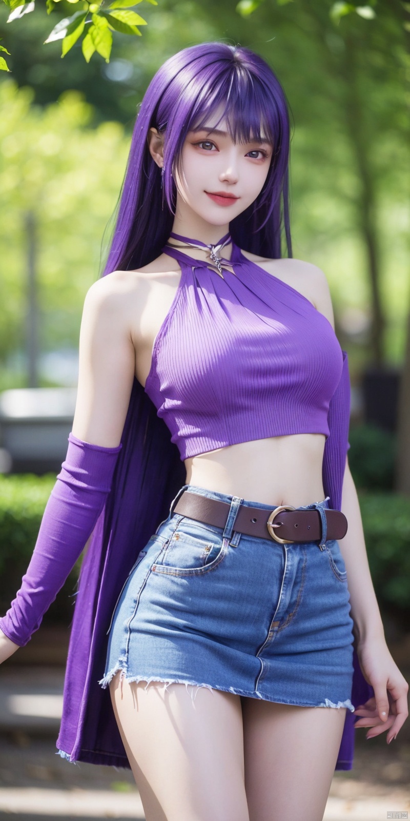  best quality, masterpiece, cowboy_shot,(Good structure), DSLR Quality,Depth of field,kind smile,looking_at_viewer,Dynamic pose,
 1girl, 3d, bare_shoulders, belt, blurry, blurry_background, blurry_foreground, branch, , , , collarbone, cosplay_photo, denim, denim_skirt, depth_of_field, , lips, long_hair, looking_at_viewer, midriff, miniskirt, motion_blur, navel, outdoors, photo_\(medium\), realistic, skirt, solo, standing, tree, ,,purple_hair, shengcaier