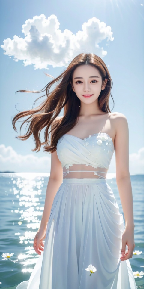 (Good structure), DSLR Quality, depth of field, (1girl:1.2), , very long hair,, yellow eyes, light smile, looking at viewer, white shirt, white skirt, (flying white chiffon:1.5), bare shoulder, (flying blue petals:1.2), (standing above water surface), sky background, (cloud:1.2), white bird, floating water drops, (white border:1.2) , 
backlight, , taoist robe, ll-hd,(((large breasts)), depth of field,, ((poakl)),  dililengba,looking_at_viewer,kind smile