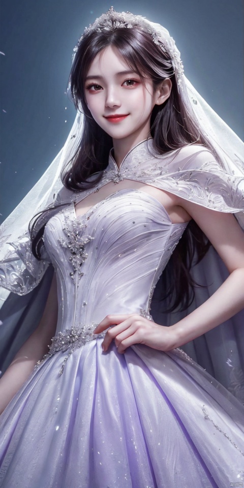  best quality, masterpiece, cowboy_shot,(Good structure), DSLR Quality,Depth of field,kind smile,looking_at_viewer,Dynamic pose, 
A chinese girl,Stunning crystal wedding dress cape, lavender, magic, soft lighting effects, blue dream background, octane rendering, surreal, HD 16K-AR, weddingdress, xuxin,