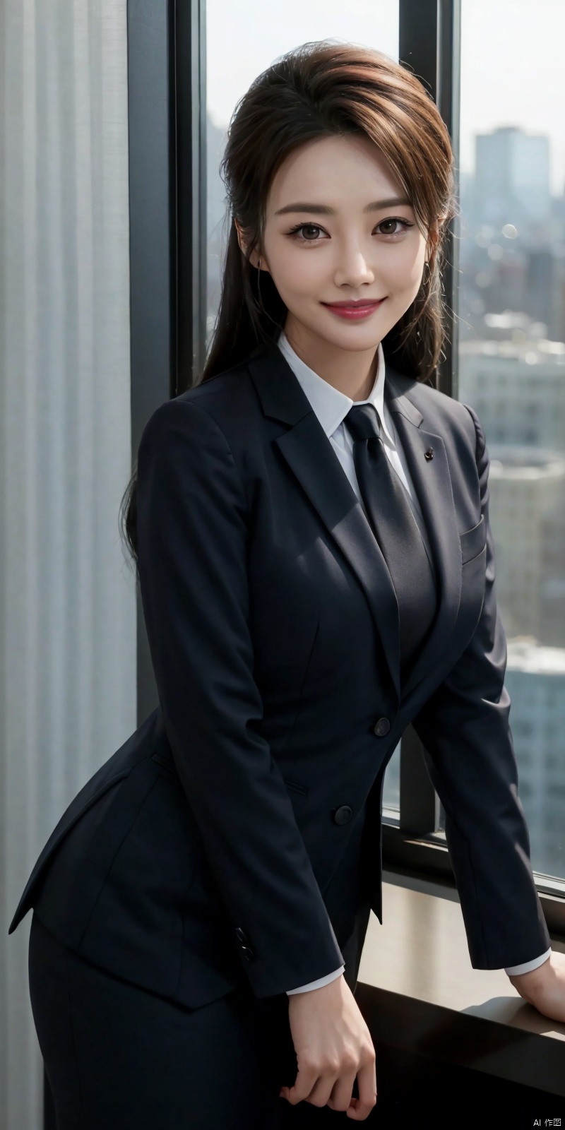  best quality, masterpiece, cowboy_shot,(Good structure), DSLR Quality,Depth of field,kind smile,looking_at_viewer,Dynamic pose, 
Modern businesswoman, dressed in a sleek suit and tie, posing confidently in a modern office setting, cityscape view through the window, focused expression, powerful pose, professional attire, realistic lighting, sharp focus.,lichun