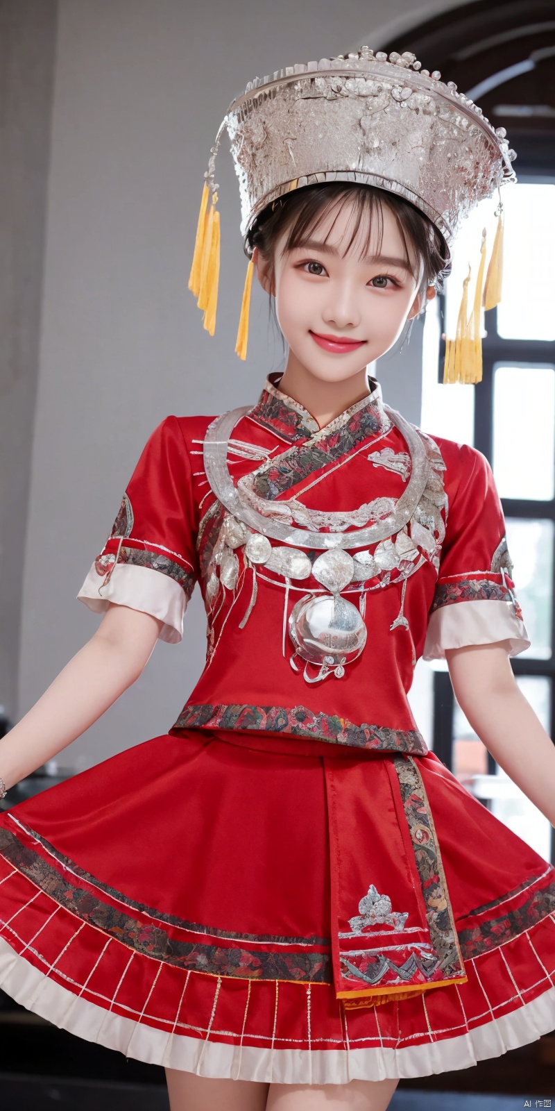  (Good structure), DSLR Quality,Depth of field ,looking_at_viewer,Dynamic pose, , kind smile,1girl ,
zhuangzu, 1girl, solo, hat, skirt hold, chef hat, curtsey, jewelry, dress, bracelet,  , lianmo