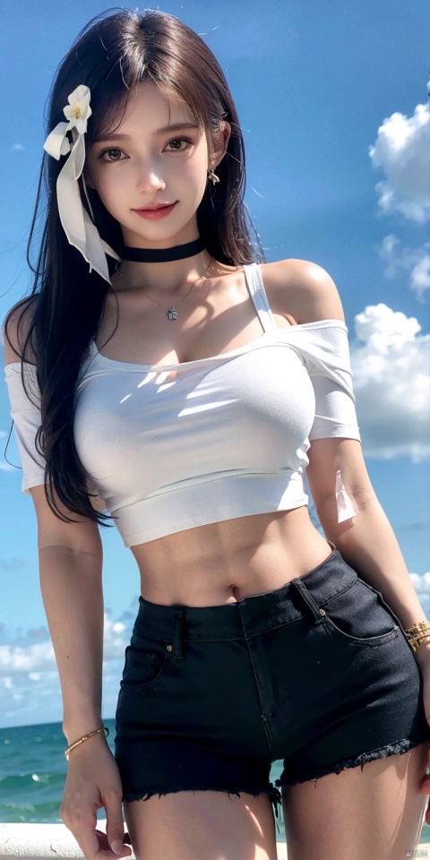  cowboy shot, Blue sky, white clouds, ocean,nai3, 1girl, shorts, solo, crop top, black shorts, choker, navel, shirt, midriff, crop top overhang, looking at viewer, white shirt, jewelry, breasts, bare shoulders, short shorts, off-shoulder shirt, off shoulder, black choker, thighs, stomach, hand on own thigh, long hair, bracelet, short sleeves, ribbon, hand up, collarbone, hair ribbon, medium breasts, standing, high-waist shorts, dolphin shorts, bra strap, , hair ornament, thigh gap, necklace, expressionless, , ,kind smile, tifa, tifa lockhart