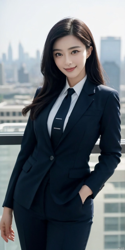  best quality, masterpiece, cowboy_shot,(Good structure), DSLR Quality,Depth of field,kind smile,looking_at_viewer,Dynamic pose, 
Modern businesswoman, dressed in a sleek suit and tie, posing confidently in a modern office setting, cityscape view through the window, focused expression, powerful pose, professional attire, realistic lighting, sharp focus., fanbing