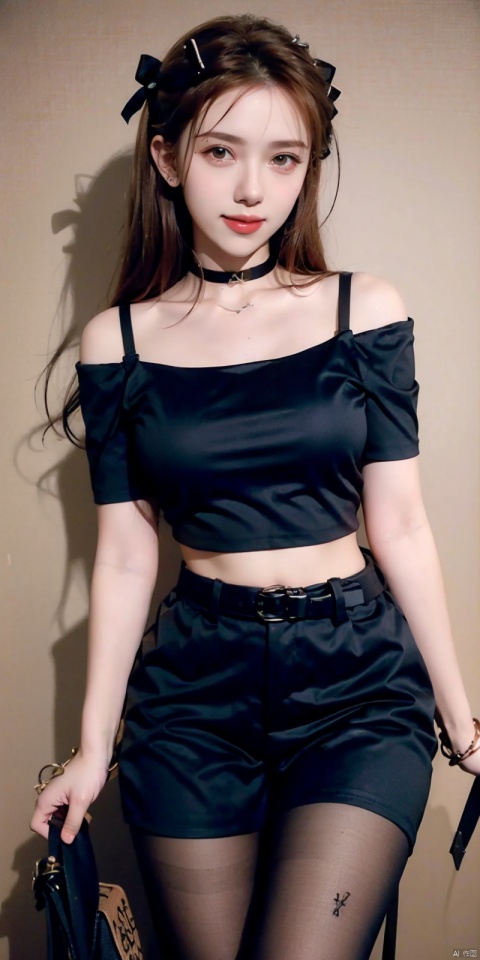 nai3, 1girl, shorts, solo, crop top, choker, pencil skirt, skirt, , navel, shirt, midriff, crop top overhang, looking at viewer, white shirt, jewelry, breasts, cowboy shot, bare shoulders,  off-shoulder shirt, off shoulder, black choker, thighs, stomach, hand on own thigh, long hair, bracelet, short sleeves, ribbon, hand up, collarbone, hair ribbon, medium breasts, standing, , , bra strap, kind smile, hair ornament, thigh gap, bangs, necklace, expressionless,, , heiguafu,brown-hair, blackpantyhose