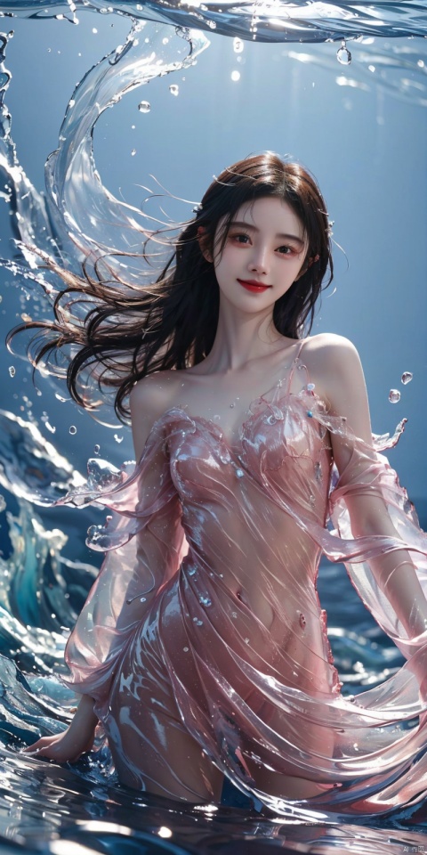  best quality, masterpiece, cowboy_shot,(Good structure), DSLR Quality,Depth of field,kind smile,looking_at_viewer,Dynamic pose, 
(ice art, translucent forms, ephemeral beauty, crystalline textures, delicate craftsmanship, chilling allure),sea,wave,liquid clothes,dress, water dress,,pose for picture,long_hair,kind smile,, liquid clothes, , sd mai, , jujingyi