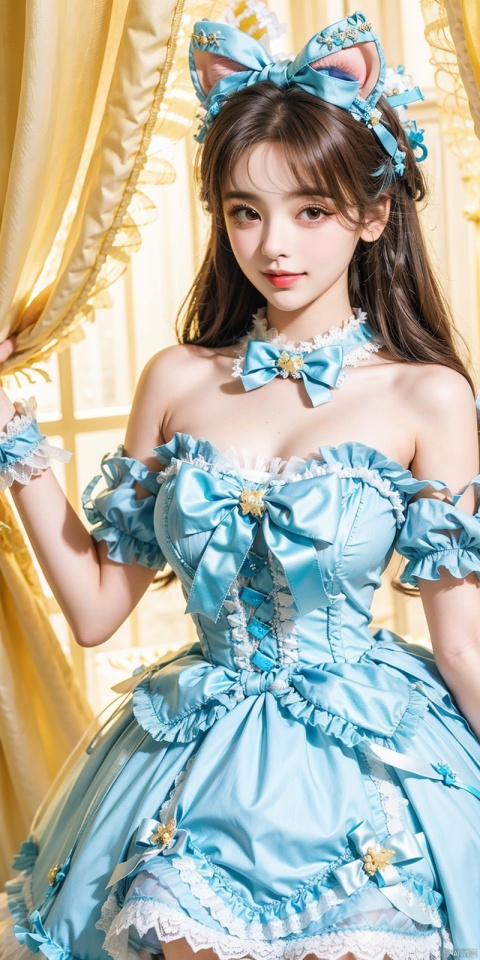 (Good structure), DSLR Quality,Depth of field,kind smile,looking_at_viewer,Dynamic pose, ,(wariza),,Girl, bare shoulders, blue hair, boobs, bow tie, brown eyes, cat ears, collar, ((Lolita Dress: 1.4)) , blue and white Lolita dress, wrinkled leg outfit, hand-held, lips, nose, shoulders, , alone, long_hair, kind smile, looking at the audience, white leg costume, wrist cuffs, 1girl,,looking_at_viewer, , lolidress, ,,   yangchaoyue