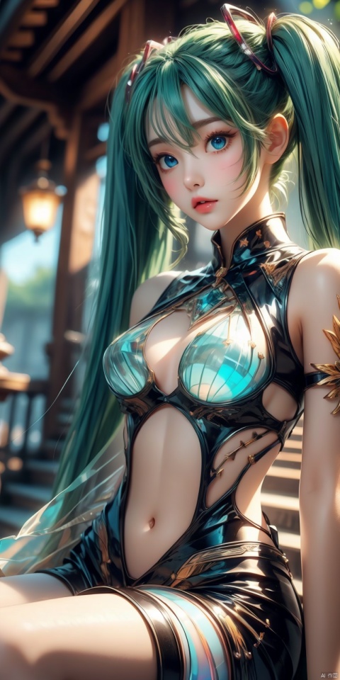  (llustration),(masterpiece),cinematiclighting,bloom,ray tracing,twintails,1girl,sitting,,(mature female),outdoor, ((Masterpiece,best quality, beautifully painted,highly detailed)),blue eyes,  (hologram), ((translucent)), chromatic aberration, goddess costume, youny beauty spirit,Beauty,, 1girl,yuzu,chuyinweilai, solo, 1girl, long hair, , twintails, aqua hair, ((poakl))