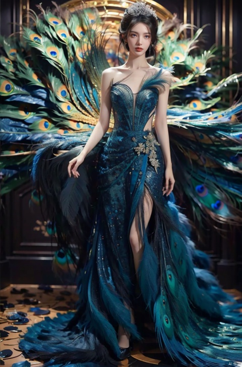  A majestic peacock princess in an indoor setting, under dim lighting with warm tones and play of light and shadow. The feathers are vibrant and detailed, reflecting her pride and confidence. The environment is mysterious, with decorations on the walls reflecting faint light, adding depth to the space. High quality image, full body shot, close up of the feathers, intricate details, sharp focus, dramatic lighting, warm tones, trending on ArtStation, trending on CGSociety, photorealistic painting art by Greg Rutkowski and Midjourney., jinchen, dress, Detail,red dress
