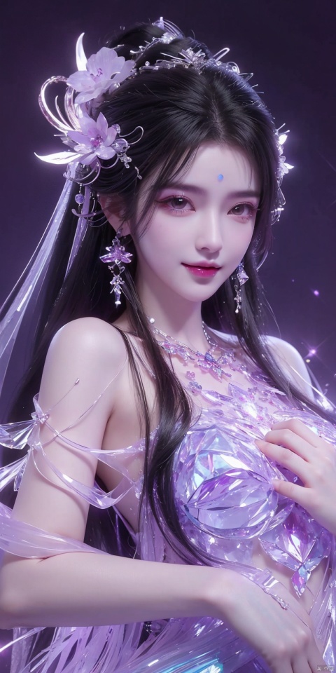  (Good structure),cowboy_shot, DSLR Quality,Depth of field ,looking_at_viewer,Dynamic pose, , kind smile,
1 girl,(Purple light effect),hair ornament,jewelry,looking at viewer, (\meng ze\), wangyushan, dofas,(ultra-detailed crystallization),transparent crystals, qingyi