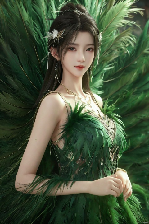  (Good structure),(realistic girl), DSLR Quality,Depth of field ,looking_at_viewer,Dynamic pose, 1girl,a gorgeous long dress made of feathers,green feather,huge feathers,complex background,beautiful background,(feathers everywhere:1.3),depth of field level,qingyi,kind smile,looking_at_viewer,Dynamic pose