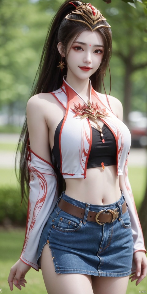 best quality, masterpiece, cowboy_shot,(Good structure), DSLR Quality,Depth of field,kind smile,looking_at_viewer,Dynamic pose,
 1girl, 3d, bare_shoulders, belt, blurry, blurry_background, blurry_foreground, branch, breasts, brown_eyes, brown_hair, collarbone, cosplay_photo, denim, denim_skirt, depth_of_field, hand_on_own_chest, lips, long_hair, looking_at_viewer, midriff, miniskirt, motion_blur, navel, outdoors, photo_\(medium\), realistic, skirt, solo, standing, tree, ,  , jiujiu