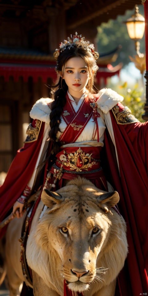 (Good structure), DSLR Quality,Depth of field,kind smile,looking_at_viewer,Dynamic pose, 1girl,Wearing a jade crown, shining silver armor, and wearing a lion headband. Treading towards the sky with cow tendon boots; Wearing a crimson cloak on her shoulders, carrying a three foot green blade on her waist, and carrying an iron tire bow on her back, coupled with her tall figure and resolute expression,Facing the camera, liuyifei, ((poakl))