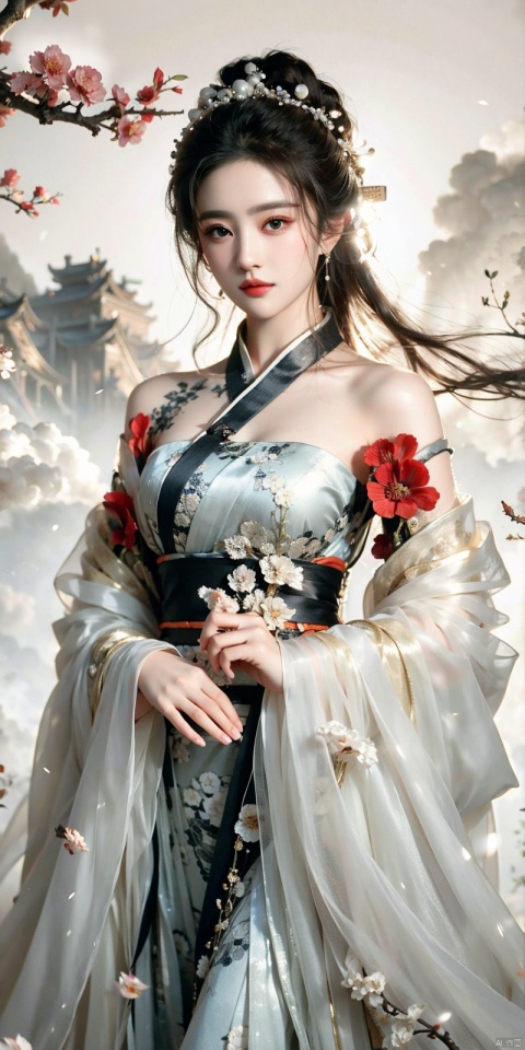  best quality, masterpiece,cowboy_shot,(Good structure),,a girl,xianjing,Off-the-shoulder, bust photo,upper body,Hanfu, Cloud, Smoke,branch,flower, smile,Gaze at the audience, Ink scattering_Chinese style, ((poakl)), ,looking_at_viewer,kind smile, , chinese dress,white dress, liuyifei,long_hair