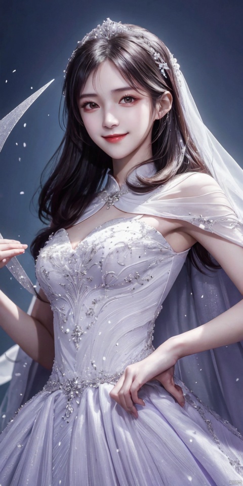  best quality, masterpiece, cowboy_shot,(Good structure), DSLR Quality,Depth of field,kind smile,looking_at_viewer,Dynamic pose, 
A chinese girl,Stunning crystal wedding dress cape, lavender, magic, soft lighting effects, blue dream background, octane rendering, surreal, HD 16K-AR, weddingdress, xuxin,