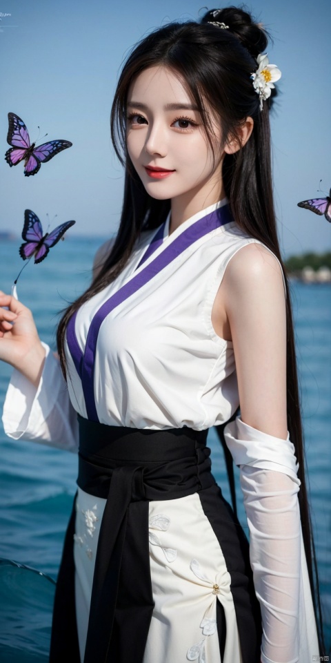 best quality, masterpiece, cowboy_shot,(Good structure), DSLR Quality,Depth of field,kind smile,looking_at_viewer,Dynamic pose,  line art,line style,as style,best quality,masterpiece, The image features a beautiful anime-style illustration of a young woman. She has long black hair and is dressed in a traditional Chinese outfit. The outfit consists of a white top with blue and purple accents, a long skirt, and a butterfly-shaped mirror in her hand. She stands against a backdrop of a clear blue sky and a body of water, with butterflies fluttering around her. AI painting pure tag structure: anime, art, illustration, traditional clothes, blue, white, long hair, black hair, butterfly, mirror, sky, water, dililengba