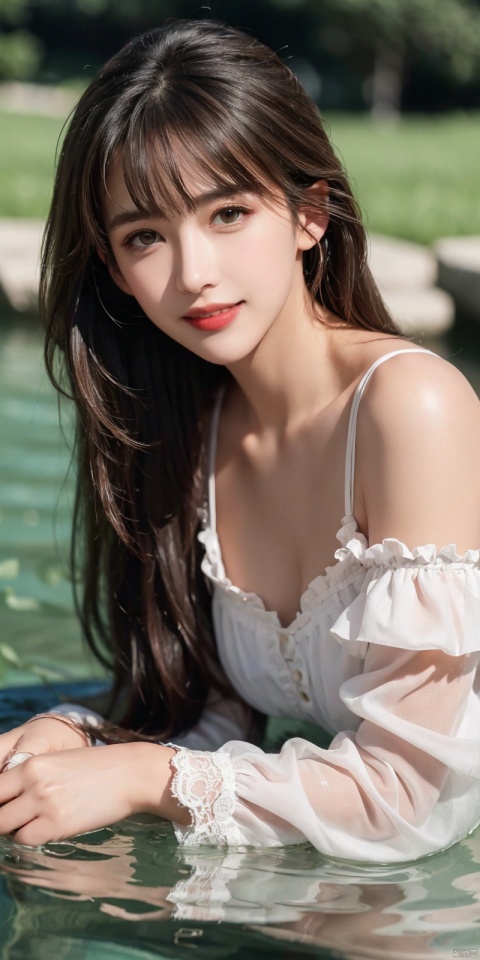  best quality, masterpiece, realistic,,(Good structure), DSLR Quality,Depth of field,kind smile,looking_at_viewer,Dynamic pose, 
1girl, solo, long hair, looking at viewer, bangs, brown hair, long sleeves, dress, ribbon, green eyes, collarbone, hair ribbon, flower, outdoors, lying, parted lips, puffy sleeves, on back, water, white dress, red ribbon, parted bangs, petals, white flower, partially submerged, layered sleeves, short over long sleeves, , sufei