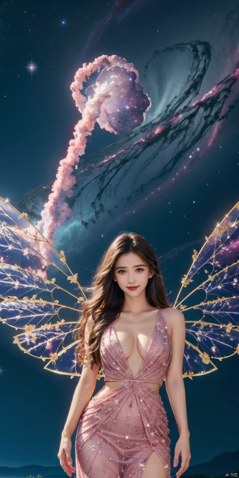  (Good structure), DSLR Quality,Depth of field,kind smile,looking_at_viewer,Dynamic pose, 1girl, wings, solo, nebula wings, breasts, , long hair, navel, dress, pink wings, looking at viewer, star \(sky\), , , bare shoulders, sky, starry sky, collarbone, realistic, nebula, ((poakl)),, sufei, angel