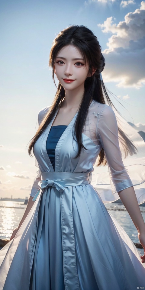  (Good structure),cowboy_shot, DSLR Quality,Depth of field ,looking_at_viewer,Dynamic pose, , kind smile,, Blue sky and white clouds on the beach,Masterpiece, (ultra wide angle lens: 1.2), Unity8k wallpaper, best quality, (detail shadow: 1.1), a beautiful girl, on a sea of light blue silk, translucent silk, floating light blue silk, surrealist style, minimalism, highly detailed texture, light blue, white clean background, CG rendering, light passing through clouds, 8k resolution, (motion photo: 1.2), (Fidelity: 1.4), original photos, movie lighting, 1girl,, , ,kind smile, , weddingdress,,nangongwan