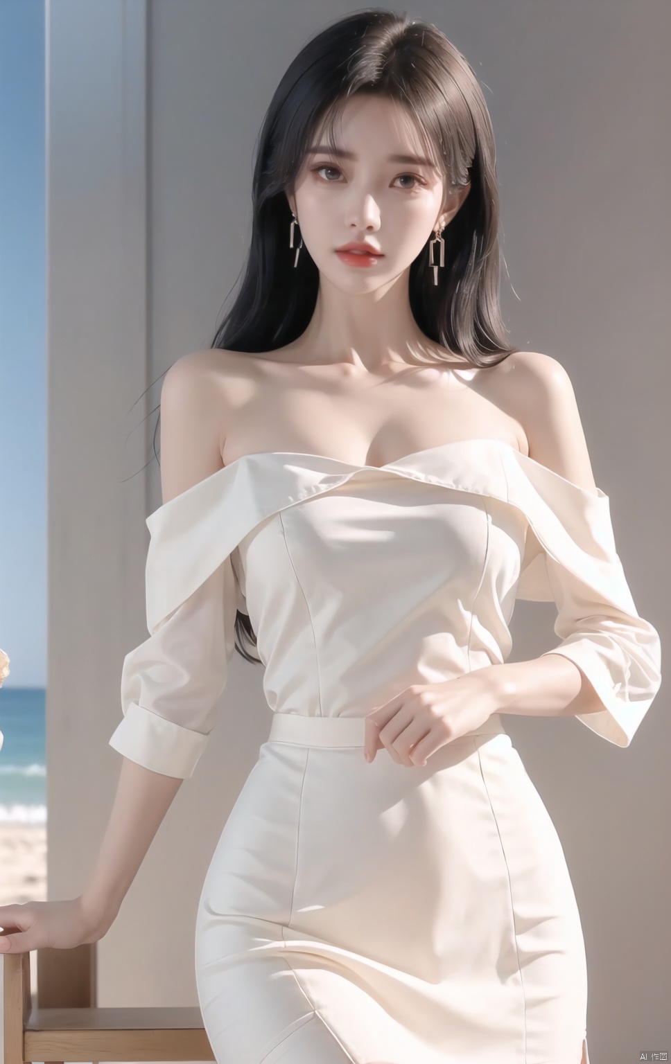  (((1 girl))), (medium breasts:), ((upper body:0.7)), half body photo, female solo, depth of field, blue earrings, jewelry, off-shoulder white shirt, black tight skirt, (at beach), blonde hair, (((masterpiece))), (((best quality))), ((ultra-detailed)), (best illustration), (best shadow), photorealistic:1.3, realistic), highly detailed CG unified 8K wallpapers, (HQ skin:1.3, shiny skin), 8k uhd, dslr, soft lighting, high quality, film grain, Fujifilm XT3, (professional lighting), red lips,,Best quality, 8k,cg,Eye close-up,cute girl, , crystal_dress, sunyunzhu, Detail, BY MOONCRYPTOWOW