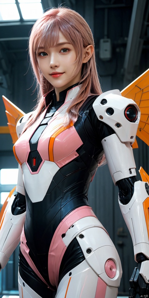 best quality, masterpiece, realistic,cowboy_shot,(Good structure), DSLR Quality,Depth of field,kind smile,looking_at_viewer,Dynamic pose, 
,,1girl, solo, long hair, breasts, looking at viewer, bangs, medium breasts, pink hair, wings, pointy ears, medium hair, lips, orange eyes, bodysuit, science fiction, mecha musume, joints, robot joints, mechanical wings,leiting, 1girl, Electroplating paint