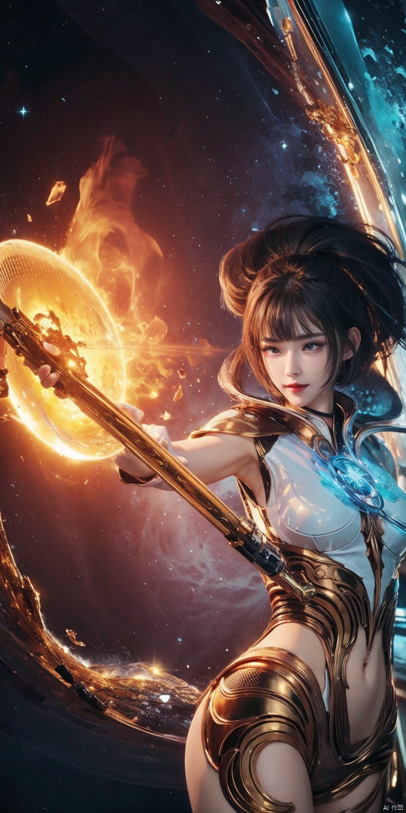  cowboy shot,(Good structure), DSLR Quality,Depth of field,kind smile,looking_at_viewer,Dynamic pose,,1girl,upper_body,Masterpiece-level best_quality, concept artwork, a lonely solo girl, fashion, , Super clear, realistic, Professionalstudio, trend, , , (Holding a weapon in hand:1.2), (best hands details:1.2), , long shawl hair, Big hair accessories, correct body proportions, ((poakl)), 
Her limbs are transparent and glow softly (bright limbs), (from_below:1.2), transparent details, Ultra high resolution, Ultra Realistic, , A highly detailed, intricate and complex details, Ultra-Detailed, shiny_clothes, ((Ink scattering_Chinese style)), Ink and wash style, 8K, 
hologram, (detailed ice), Ice magic, Starry sky adorns hair, depth of field, Sank into the starry sea, ((beautiful detailed water)), ((floating)), dynamic angle, water magic, the most beautiful form of chaos, elegant, atmospheric, the background is the magic sky castle, magic flash of fantasy, ((ancient god beast)), magic tower with glitter in the background, cosmos, The furnace of everything, dress, , 1girl, , jiqing,short hair