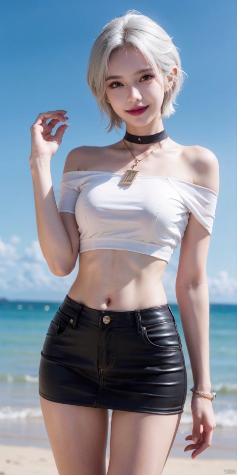 best quality, masterpiece, realistic,cowboy_shot,(Good structure), DSLR Quality,Depth of field,kind smile,looking_at_viewer,Dynamic pose, 
,Short skirt,Blue sky, white clouds, ocean, nai3, 1girl, solo, crop top, , choker, navel, shirt, midriff, crop top overhang, looking at viewer, white shirt, jewelry, breasts, bare shoulders, off-shoulder shirt, off shoulder, black choker, thighs, stomach, long hair, bracelet, short sleeves, ribbon, hand up, collarbone, hair ribbon, medium breasts, , bra strap, , hair ornament, thigh gap, necklace, expressionless, , ,kind smile, , , , ,jiuhuangnv,white_hair,short_hair