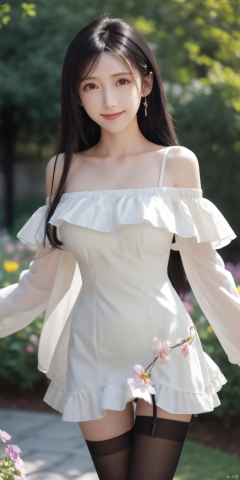  (Good structure),, DSLR Quality,Depth of field ,looking_at_viewer,Dynamic pose, , kind smile,
 (masterpiece, best quality:1.2),illustration,absurdres,highres,extremely detailed,1girl,long hair,black hair,pale skin,off-shoulder dress,black thighhighs,outdoors,flower,fluttering petals,upper body,(:d:0.8),chromatic aberration abuse,pastel color,Depth of field,garden of the sun,shiny,breasts,, tifa, blackpantyhose