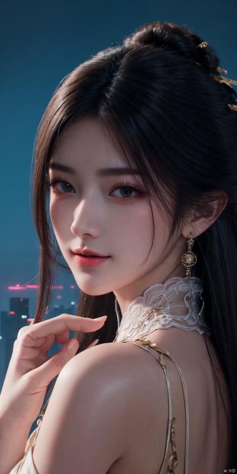 best quality, masterpiece, realistic,upper_body ,(Good structure), DSLR Quality,Depth of field,kind smile,looking_at_viewer,Dynamic pose, 
 neonpunk style Neon noir leogirl,hANMEIMEI,realistic photography,,On the rooftop of a towering skyscraper,a girl stands,facing the camera directly. Behind her,a multitude of skyscrapers stretches into the distance,creating a breathtaking urban panorama. It's the perfect dusk moment,with the evening sun casting a warm glow on the girl's face,intensifying the scene's impact. The photo captures a sense of awe,with the sharpness and realism making every detail vivid and clear,Hair fluttered in the wind,long hair,halterneck, . cyberpunk, vaporwave, neon, vibes, vibrant, stunningly beautiful, crisp, detailed, sleek, ultramodern, magenta highlights, dark purple shadows, high contrast, cinematic, ultra detailed, intricate, professional, ,, ,jinpinger