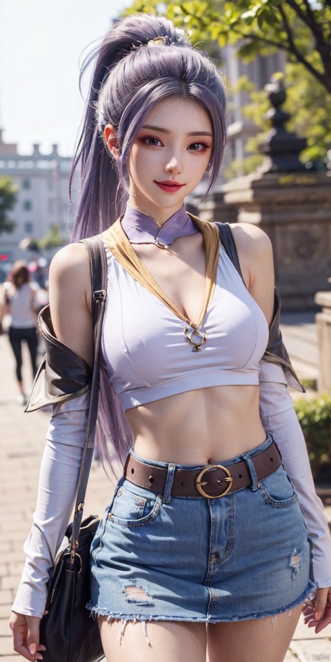  best quality, masterpiece, cowboy_shot,(Good structure), DSLR Quality,Depth of field,kind smile,looking_at_viewer,Dynamic pose,
 1girl, 3d, bare_shoulders, belt, blurry, blurry_background, blurry_foreground, branch, , , , collarbone, cosplay_photo, denim, denim_skirt, depth_of_field, , lips, long_hair, looking_at_viewer, midriff, miniskirt, motion_blur, navel, outdoors, photo_\(medium\), realistic, skirt, solo, standing, tree, , , , , hanyue, high ponytail, purple hair,
