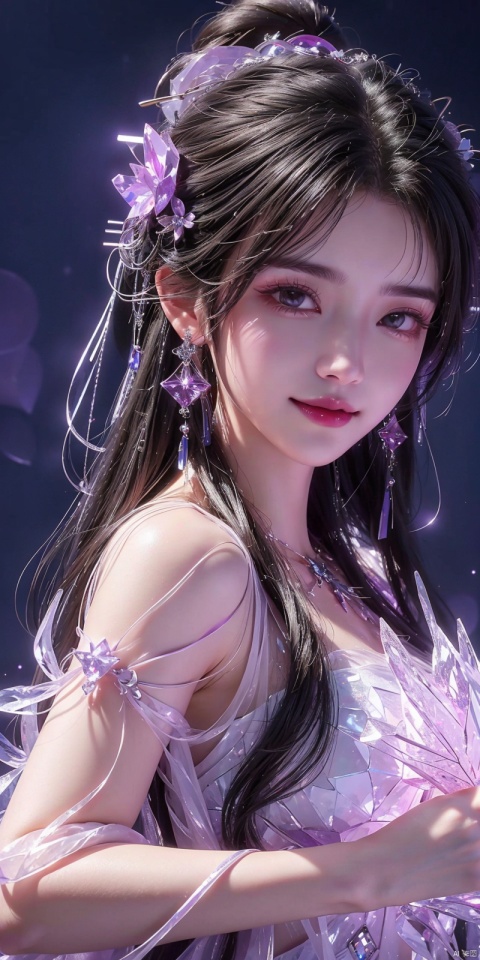  (Good structure),cowboy_shot, DSLR Quality,Depth of field ,looking_at_viewer,Dynamic pose, , kind smile,
1 girl,(Purple light effect),hair ornament,jewelry,looking at viewer, (\meng ze\), wangyushan, dofas,(ultra-detailed crystallization),transparent crystals, qingyi
