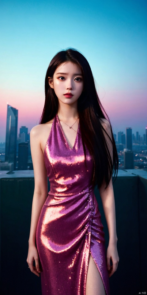  neonpunk style Neon noir leogirl,hANMEIMEI,realistic photography,,On the rooftop of a towering skyscraper,a girl stands,facing the camera directly. Behind her,a multitude of skyscrapers stretches into the distance,creating a breathtaking urban panorama. It's the perfect dusk moment,with the evening sun casting a warm glow on the girl's face,intensifying the scene's impact. The photo captures a sense of awe,with the sharpness and realism making every detail vivid and clear,Hair fluttered in the wind,long hair,halterneck, . cyberpunk, vaporwave, neon, vibes, vibrant, stunningly beautiful, crisp, detailed, sleek, ultramodern, magenta highlights, dark purple shadows, high contrast, cinematic, ultra detailed, intricate, professional, ((poakl)), Light master,, , , lizhien, dress