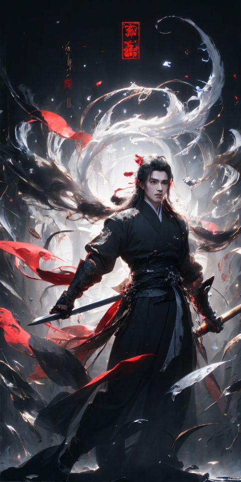  sdmai, wuxia, Chinese ink painting, artistic ink painting, Chinese martial arts films, wearing black robes, fighting posture, cinematic grandeur, splashing details, wild and powerful, solo, weapon, black hair, sword, long hair, male focus, looking at viewer, 1boy, scar, asuo, (\shen ming shao nv\), Ink scattering_Chinese style