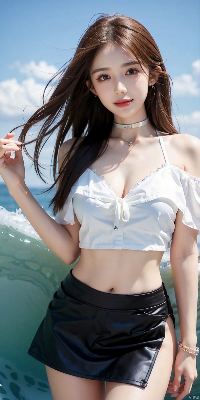  cowboy_shot,(Good structure), DSLR Quality,Short skirt,Blue sky, white clouds, ocean,((Surf)), nai3, 1girl, solo, crop top, , choker, navel, shirt, midriff, crop top overhang, looking at viewer, white shirt, jewelry, breasts, bare shoulders, off-shoulder shirt, off shoulder, black choker, thighs, stomach, long hair, bracelet, short sleeves, ribbon, hand up, collarbone, hair ribbon, medium breasts, , bra strap, , hair ornament, thigh gap, necklace, expressionless, , ,kind smile, ,, nazha