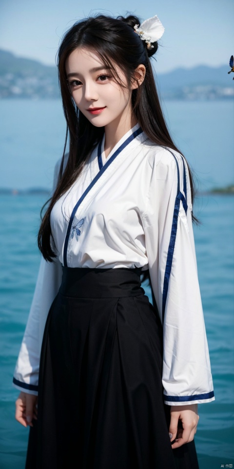 best quality, masterpiece, cowboy_shot,(Good structure), DSLR Quality,Depth of field,kind smile,looking_at_viewer,Dynamic pose,  line art,line style,as style,best quality,masterpiece, The image features a beautiful anime-style illustration of a young woman. She has long black hair and is dressed in a traditional Chinese outfit. The outfit consists of a white top with blue and purple accents, a long skirt, and a butterfly-shaped mirror in her hand. She stands against a backdrop of a clear blue sky and a body of water, with butterflies fluttering around her. AI painting pure tag structure: anime, art, illustration, traditional clothes, blue, white, long hair, black hair, butterfly, mirror, sky, water, dililengba